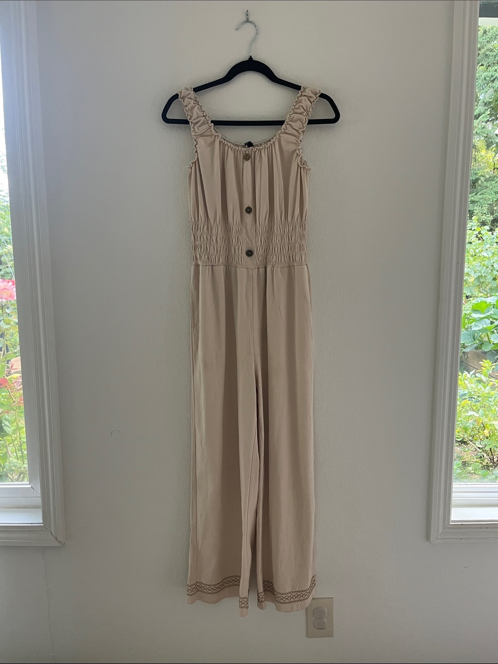 Smocked Waist Beige Wide-Leg Jumpsuit with Button Front